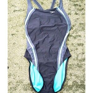 Speedo Women's One-Piece Swimsuit Size 6 PowerFLEX Eco Aqua Black Grey Modest